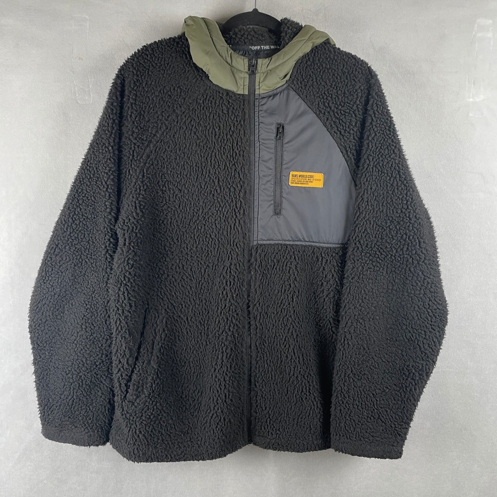 Vans World Code Sherpa Fleece Zip Up Hoodie Jacket Black L Skateboarding Outdoor